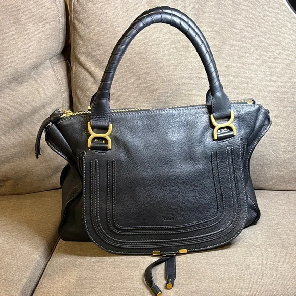 Chloe Marcie Black Leather Satchel with Gold Accents - Picture 3 of 12